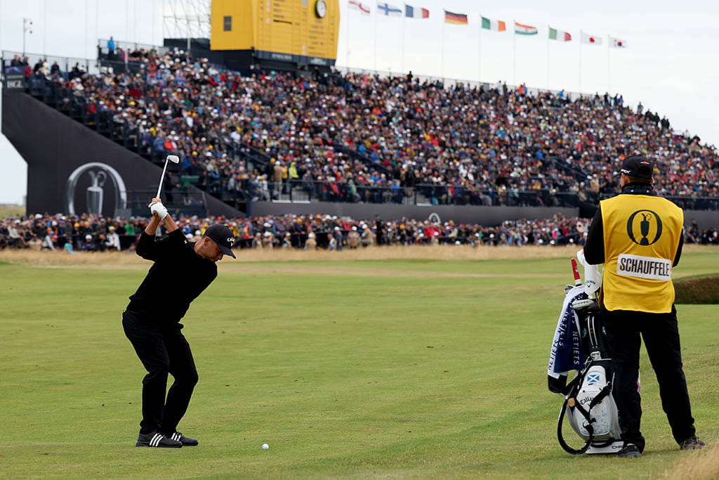 Xander Schauffele hits his approach into the 18th at Royal Troon
